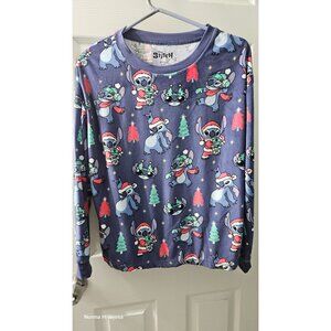 Disney Stitch Christmas Women's Pajama Top S/CH 4-6 Blue Festive Holiday Design